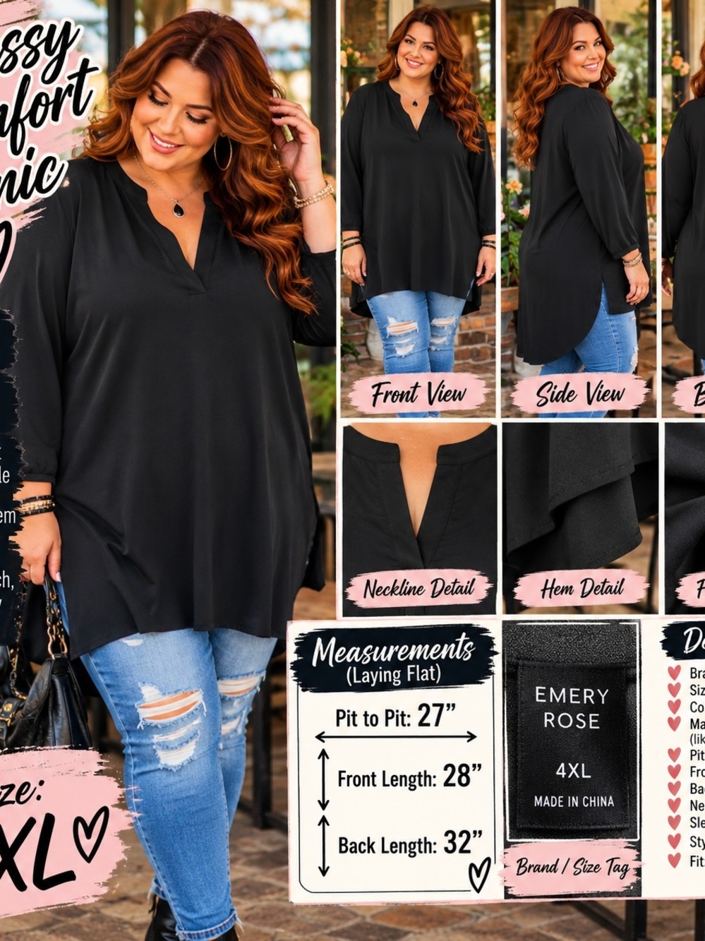 P114 🖤 Classy Comfort – Emery Rose Black High-Low Tunic 🖤
